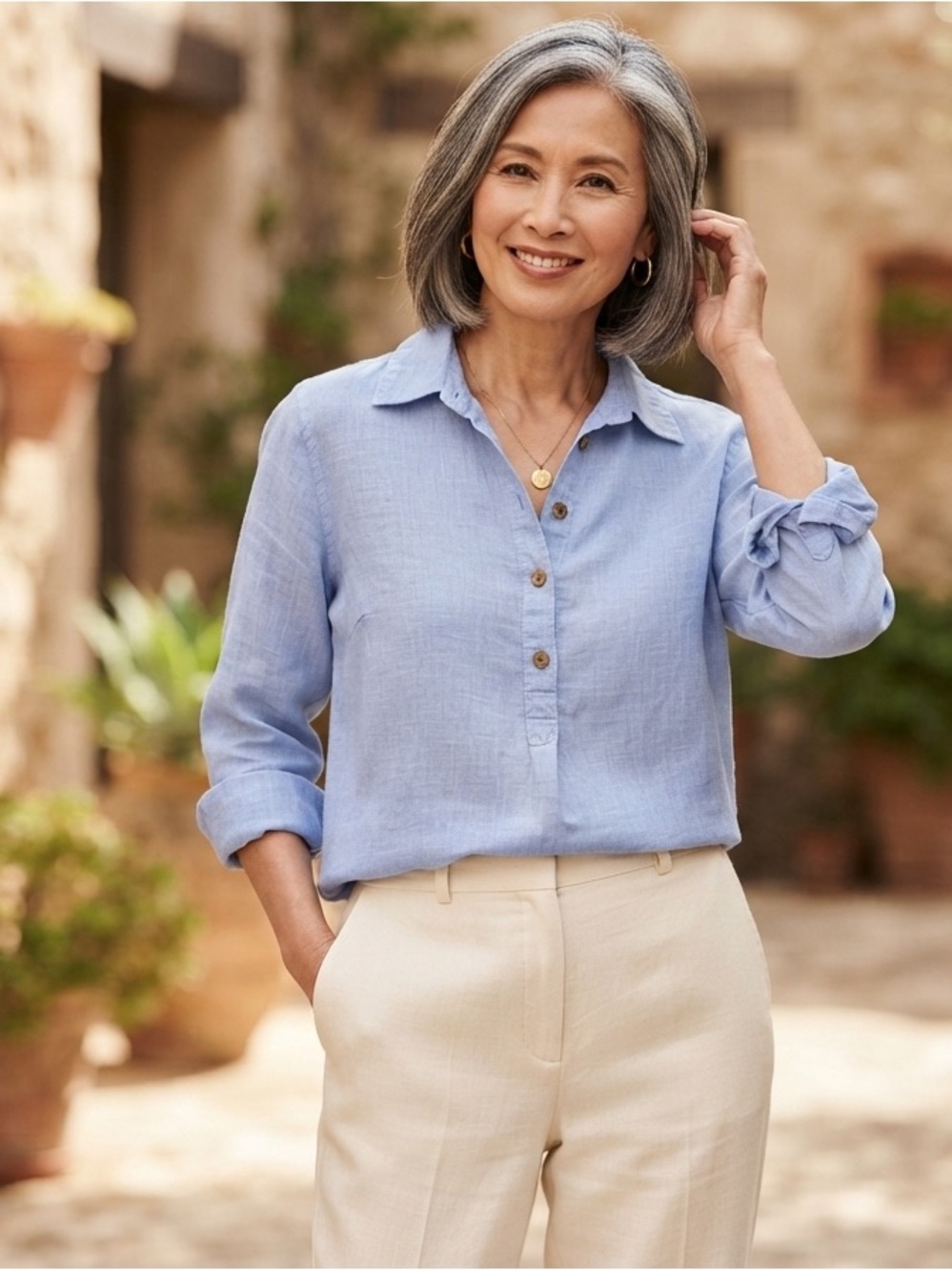 Sigrid Olsen Light Blue Linen Button-Placket Tunic